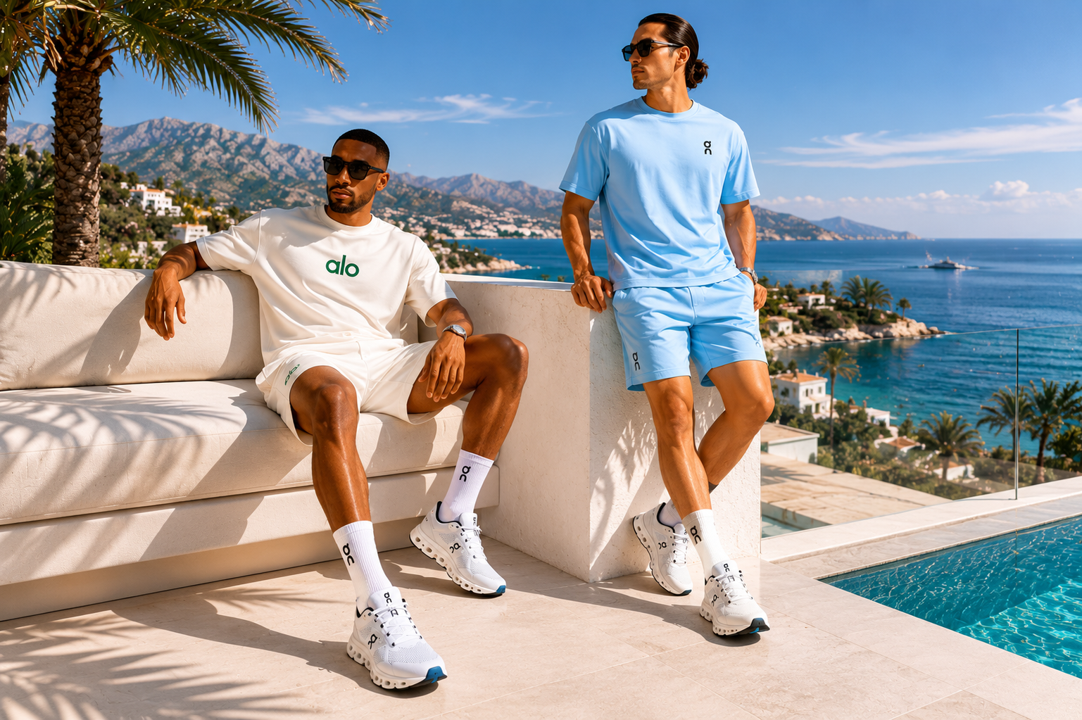 Twee mannen in premium zomertracksuits op een mediterraan terras